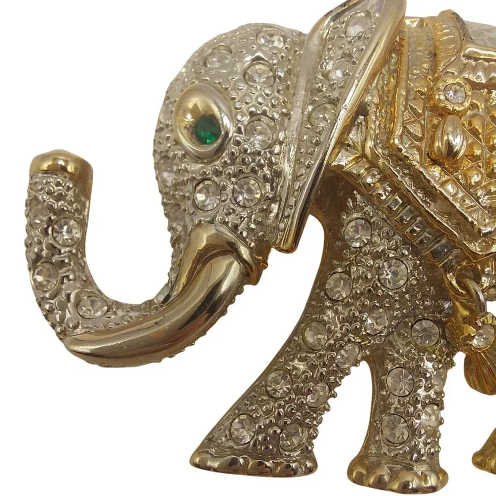 Estate Elephant Rhinestone Brooch Pin Vintage-Inspired W Green Eye~Hanging Charm - Picture 7 of 8